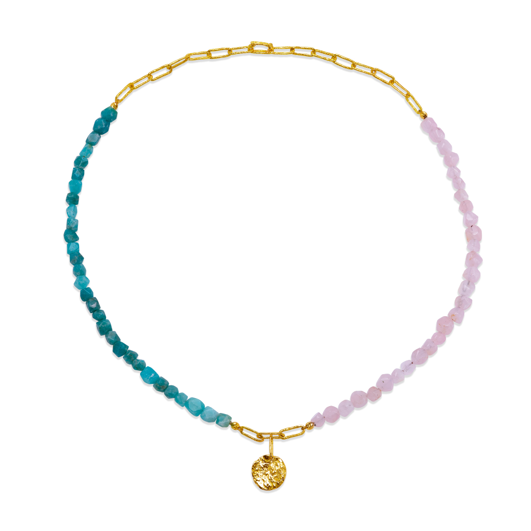 AMAZONITE & PINK QUARTZ CHAIN NECKLACE RECYCLED YELLOW GOLD 18CT WITH MEDAL