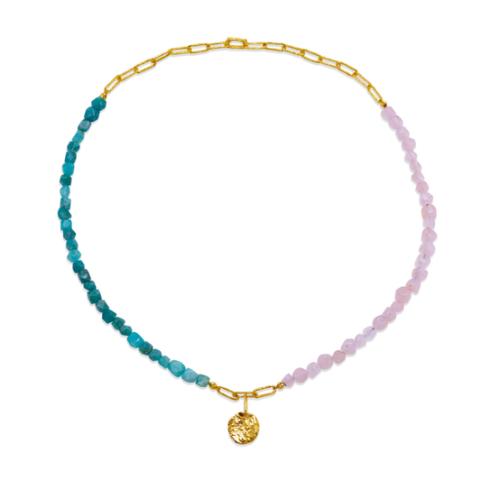 AMAZONITE & PINK QUARTZ CHAIN NECKLACE RECYCLED YELLOW GOLD 18CT WITH MEDAL