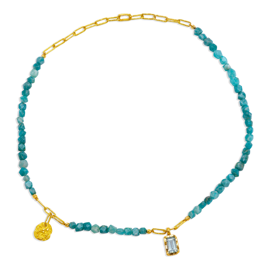 AMAZONITE CHAIN NECKLACE RECYCLED YELLOW GOLD 18CT WITH MEDAL & AQUAMARINE PENDANT